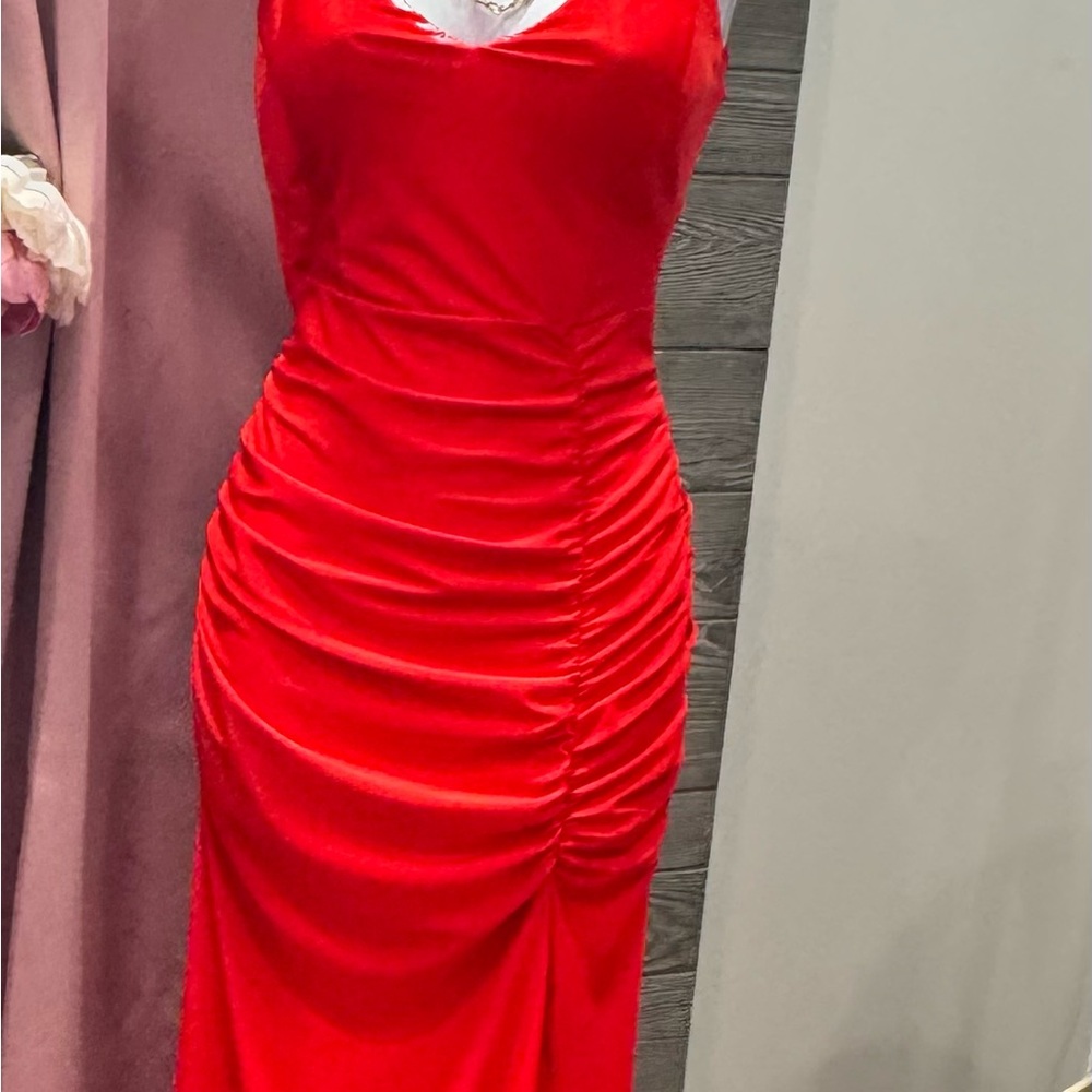 Red Ruched Maxi Dress with Strappy Back